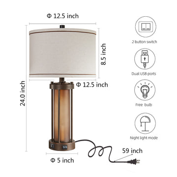 25" Table Lamp Set With Night Light And USB Ports