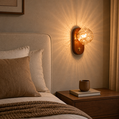 Walnut Wood Glass Wall Sconce, Hardwired 3000K Warm Wall Light