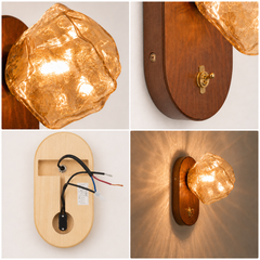 Walnut Wood Glass Wall Sconce, Hardwired 3000K Warm Wall Light