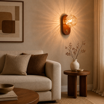 A wall-mounted light fixture with a warm wood backplate and a faceted clear glass shade glowing with a warm amber light, mounted on a beige wall with light rays casting outward.