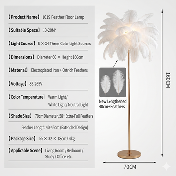 Luxury Ostrich Feather Floor Lamp, 160cm Tall Modern Standing Light with 58+ Extra-Full 45cm Lengthened Feathers