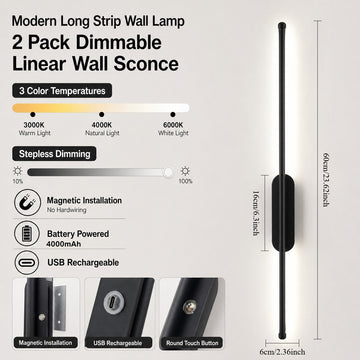 24"H Modern Long Strip Wall Sconces, Set of 2, Rechargeable, Magnetic installation