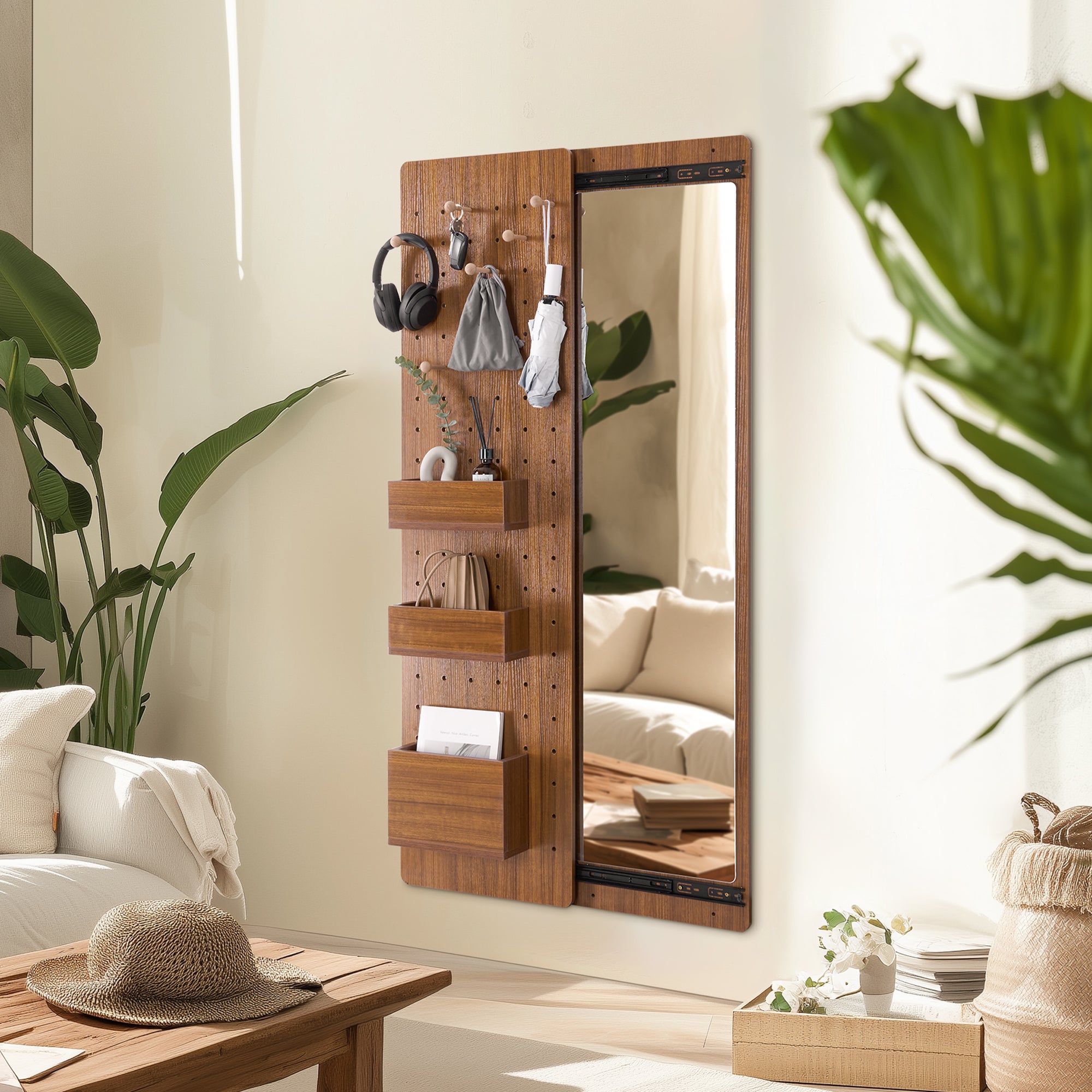 Walnut Pegboard Storage Dressing Mirror Cabinet, for bedrooms, entryways, dressing areas | EP Designlab EP Designlab LLC Walnut Pegboard Storage Dressing Mirror Cabinet, for bedrooms, entryways, dressing areas | EP Designlab EP Designlab LLC