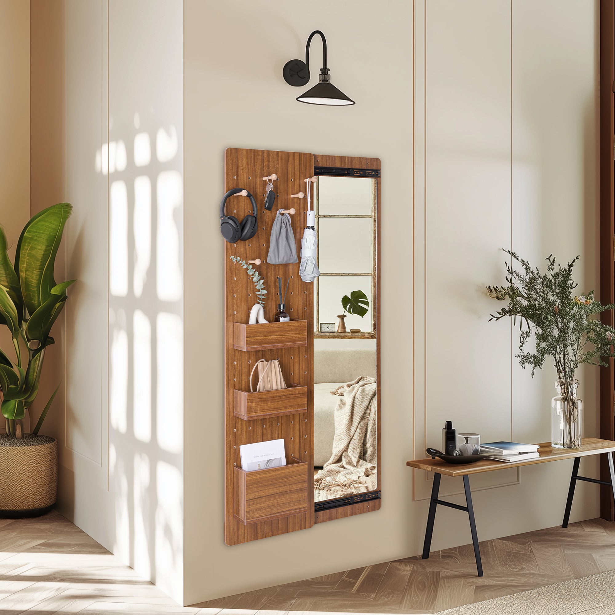 dressing mirror wood Walnut Pegboard Storage Dressing Mirror Cabinet, for bedrooms, entryways, dressing areas