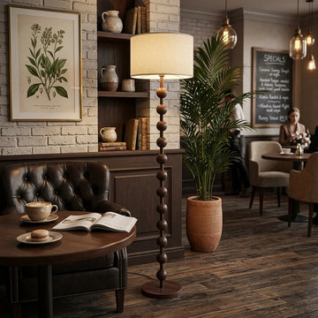 63" Wood-Grain Metal Beaded Floor Lamp with Linen Drum Shade & Foot Switch