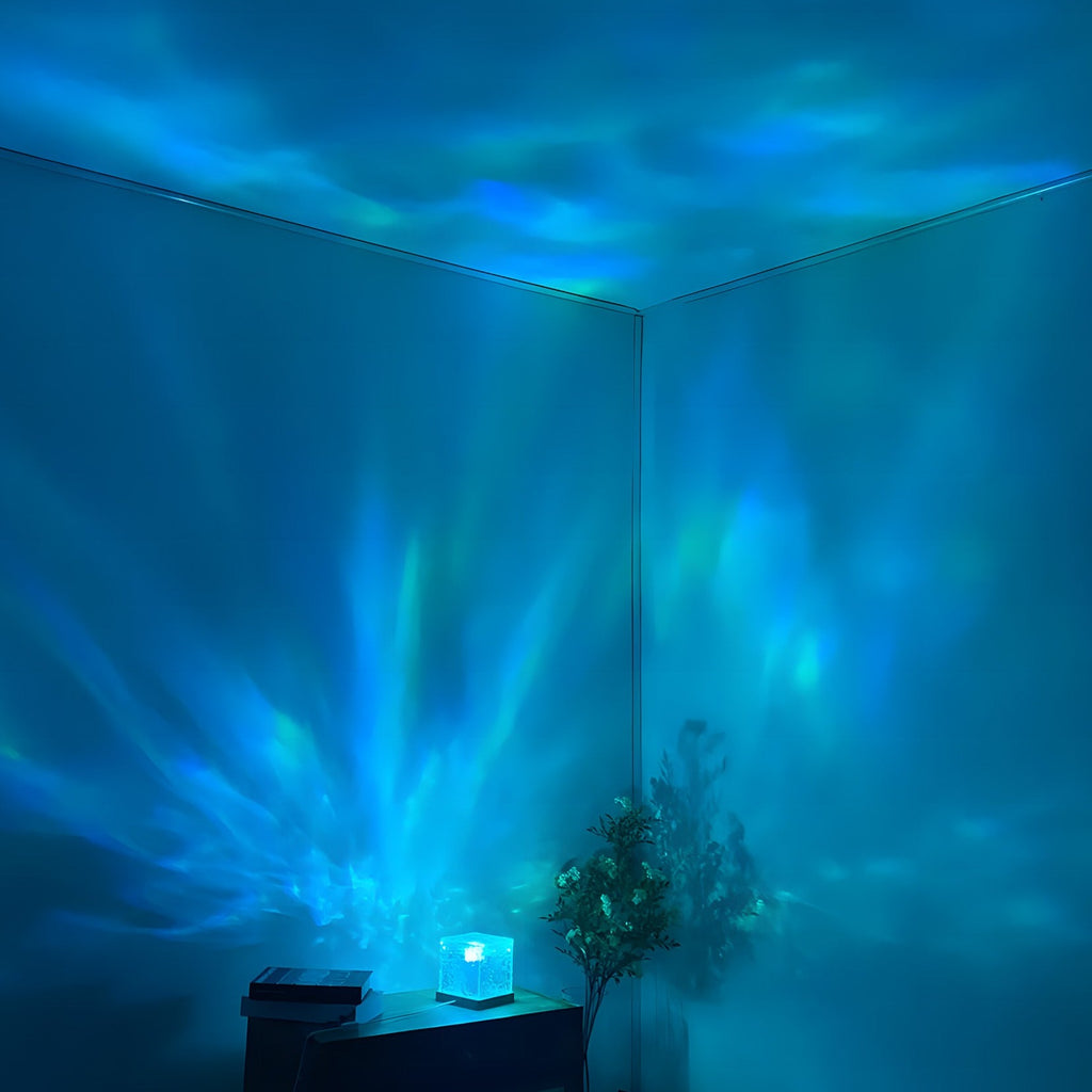 Cube Ocean Wave Projector Ligh, Ambient Night Ligh, Acrylic Wood Desk Lamp