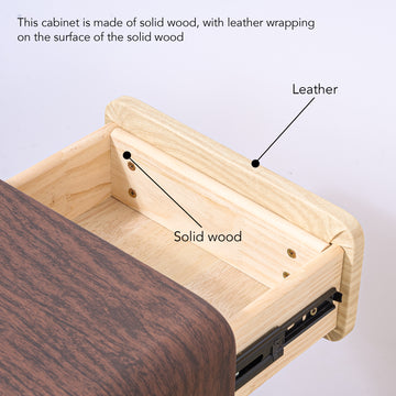 Wooden nightstand with drawers next to a bed in a bedroom setting