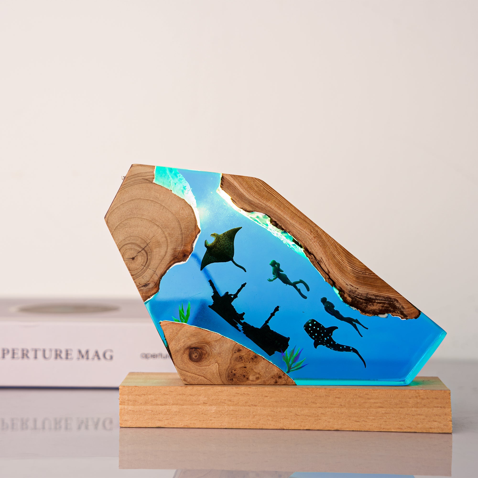 Resin Ocean Lamp,Shark and Diver resin wood lamp