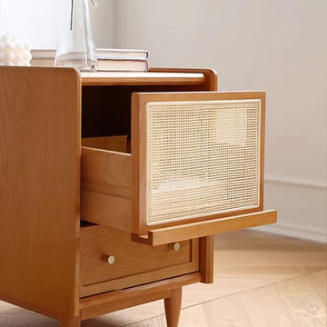 Rattan Wood Nightstand with Drawer
