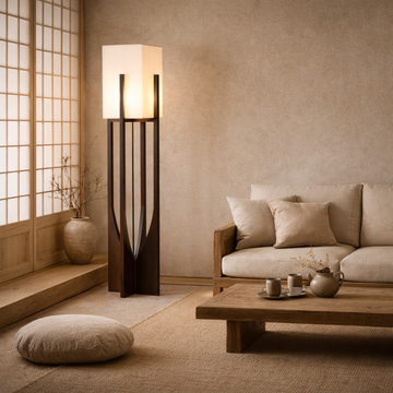Minimalist Japanese Zen Floor Lamp, Solid Wood Standing Lamp with Soft Fabric Shade