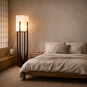 Minimalist Japanese Zen Floor Lamp, Solid Wood Standing Lamp with Soft Fabric Shade