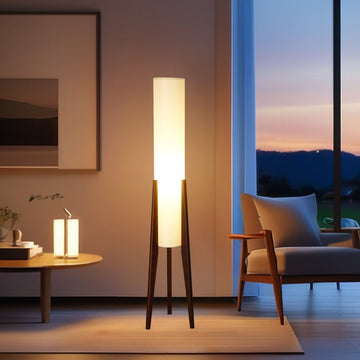 Modern Cylinder Floor Lamp with Wooden Tripod Legs