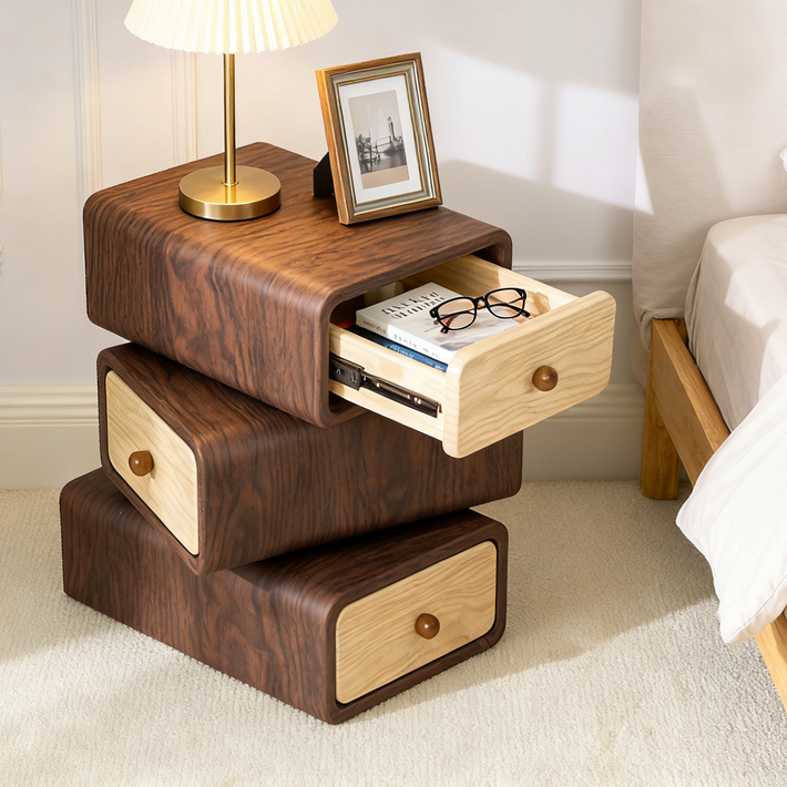 Wooden nightstand with drawers next to a bed in a bedroom setting