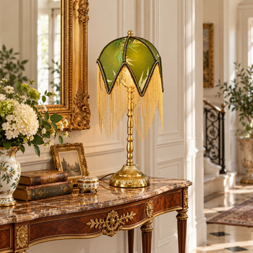 Vintage French Green Bamboo Print Table Lamp