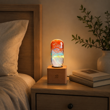 Decorative lamp on a wooden desk with books, a plant, and a cup.