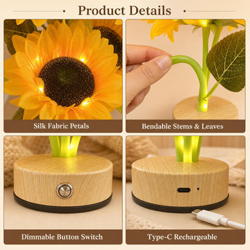 Sunflower Night Light, Rechargeable Dimmable Flower Lamp