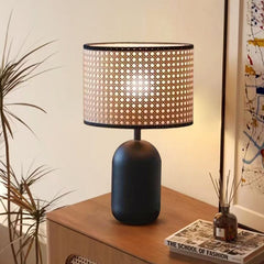 18“H Boho Rattan Table Lamp, Handmade Woven Canework Bedside Lamp