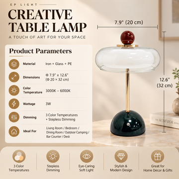 Cordless Table Lamp with Glass Shade, 3000k to 6000k Dimmable