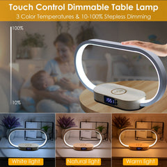 Bedside Table Lamp Touch Control with Clock Wireless Charging