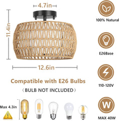 3-Light Woven Rattan Semi Flush Mount Ceiling Light