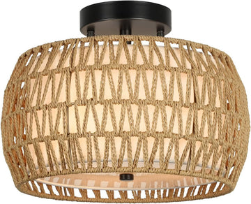 3-Light Woven Rattan Semi Flush Mount Ceiling Light