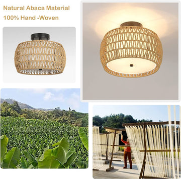 3-Light Woven Rattan Semi Flush Mount Ceiling Light