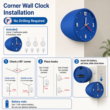 No-Drill Corner Wall Clock, Bauhaus Style Silent Hanging Clock for Room Corners