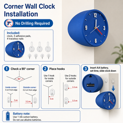 No-Drill Corner Wall Clock, Bauhaus Style Silent Hanging Clock for Room Corners