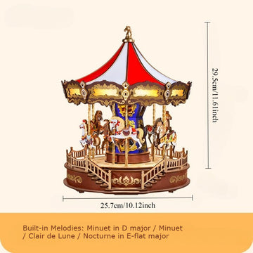 3D Mechanical Puzzle DIY Wooden Carousel Music Box with LED Light