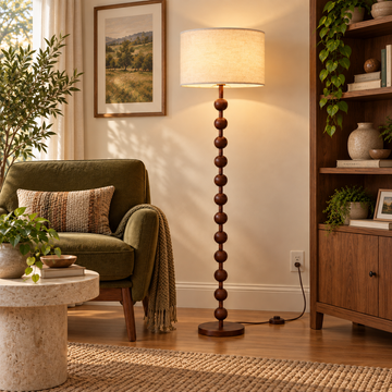 63" Wood-Grain Metal Beaded Floor Lamp with Linen Drum Shade & Foot Switch