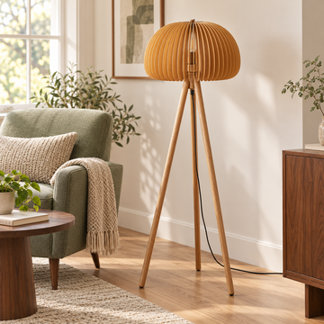 55"H Solid Wood Tripod Floor Lamp with Wood Slat Dome Shade