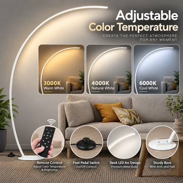 67" Arc LED Floor Lamp, 3000K-6000K Color Temperature - white