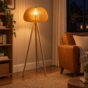 55"H Solid Wood Tripod Floor Lamp with Wood Slat Dome Shade
