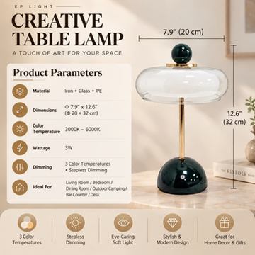 Cordless Table Lamp with Glass Shade, 3000k to 6000k Dimmable