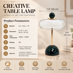 Cordless Table Lamp with Glass Shade, 3000k to 6000k Dimmable