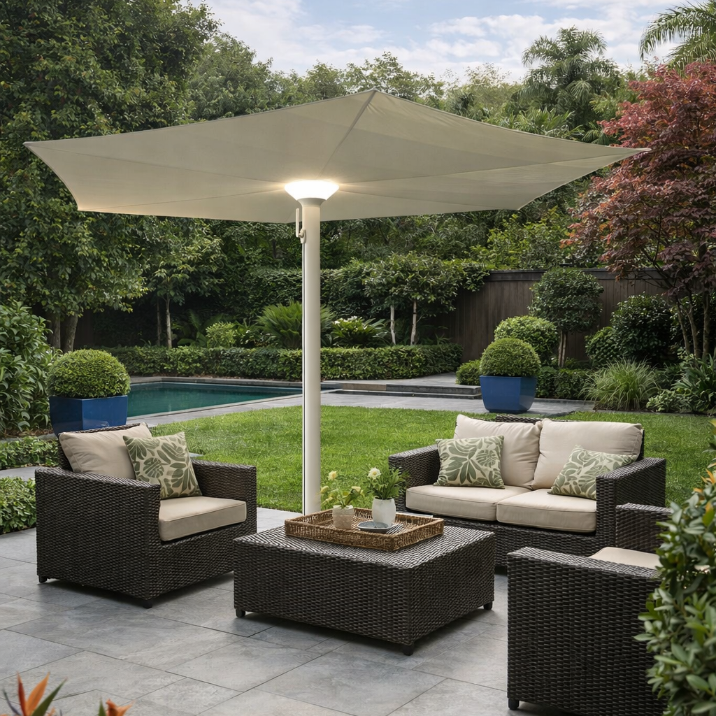 Solar Patio Umbrella with LED Light, 10W Outdoor Sunshade Parasol with Rechargeable Battery, 3000K–6500K Dimmable Lighting, Modern Garden Umbrella for Backyard, Pool, Patio, Deck – EP Designlab LLC