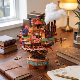 Steampunk Flying Castle 3D Wooden Puzzle with Motion & Lights - DIY Miniature Kit, Perfect Room Decor & Gift Idea