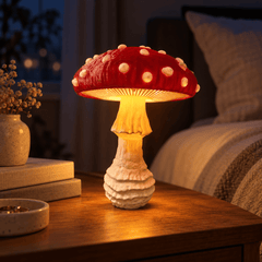 Red mushroom bedside lamp switched off in a bright children’s room