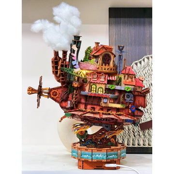 Steampunk Flying Castle 3D Wooden Puzzle with Motion & Lights - DIY Miniature Kit, Perfect Room Decor & Gift Idea