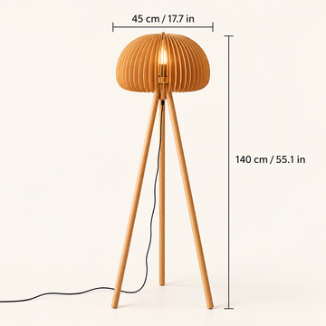 55"H Solid Wood Tripod Floor Lamp with Wood Slat Dome Shade