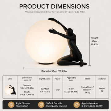 Modern Sculptural Human Figure Resin Table Lamp, Orb Globe Light Abstract Home Decor