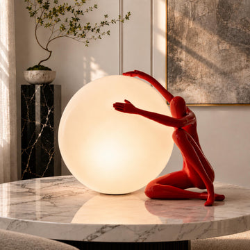 Modern Sculptural Human Figure Resin Table Lamp, Orb Globe Light Abstract Home Decor