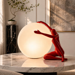 Modern Sculptural Human Figure Resin Table Lamp, Orb Globe Light Abstract Home Decor
