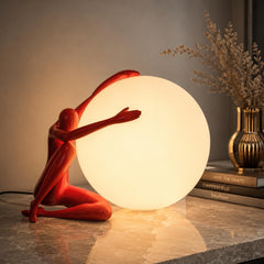 Modern Sculptural Human Figure Resin Table Lamp, Orb Globe Light Abstract Home Decor