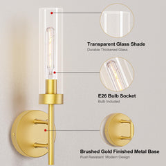 Gold Hardwired Wall Sconces Set of 2, Modern Bathroom Vanity Sconces Wall Lighting