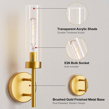 Gold Hardwired Wall Sconces Set of 2, Modern Bathroom Vanity Sconces Wall Lighting