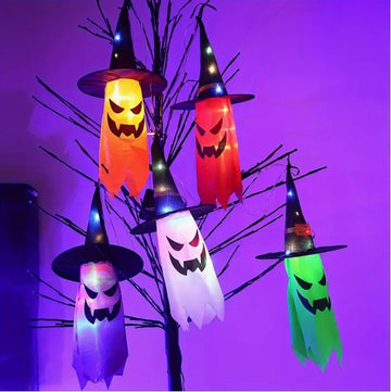 Halloween 3pcs Witch Hat Lighted Ghost Hanging String Light