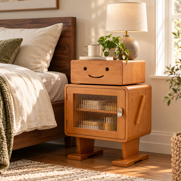 robot style wooden nightstand storage cabinet