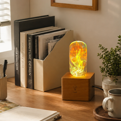 Decorative lamp on a wooden desk with books, a plant, and a cup.